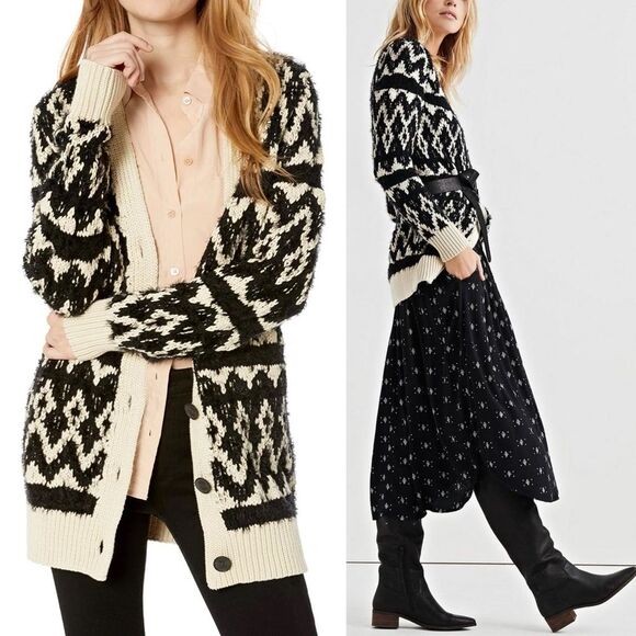 Lucky Brand Diamond Fair Isle Long Boho Cardigan Black & Cream Womens Size Small - Picture 1 of 15